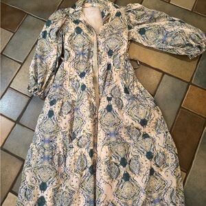 AUREUM Blue and White Buttoned Gown with Bishop Sleeves